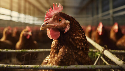 Hen on chicken poultry farm