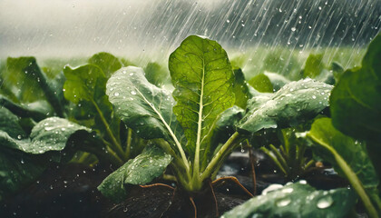 Sugar beet plantation in summer shower rain - obrazy, fototapety, plakaty