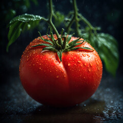 Wet ripe tomato fruit in rain