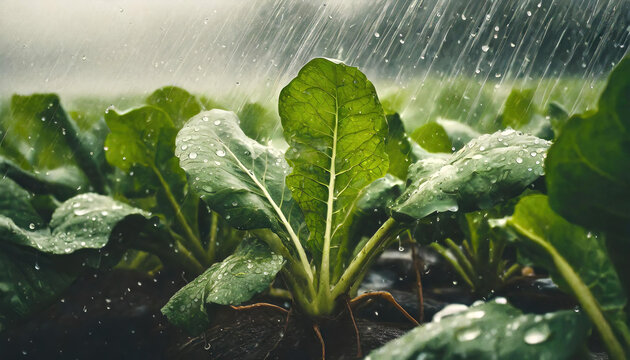 Sugar beet plantation in summer shower rain