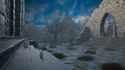 3D render of an empty courtyard in a medieval abbey ruin with gothic archway and human bones lying on the ground.
