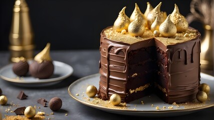 Transport yourself to a world of pure indulgence with a chocolate cake that boasts a perfect balance of rich, dark chocolate and creamy, smooth frosting, topped with a sprinkle of edible gold dust. - obrazy, fototapety, plakaty