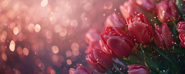 A cluster of dew-kissed tulips bask in a soft glow, with shimmering bokeh lights creating a magical and romantic atmosphere.
