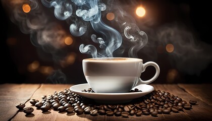 Generative AI. A cup of coffee on a table. The cup is white and has a saucer. There are coffee beans on the table. The background is a dark brown. There is a fire flame on the background. - obrazy, fototapety, plakaty