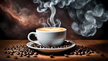 Generative AI. A cup of coffee on a table. The cup is white and has a saucer. There are coffee beans on the table. The background is a dark brown. There is a fire flame on the background.