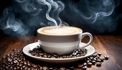 Generative AI. A cup of coffee on a table. The cup is white and has a saucer. There are coffee beans on the table. The background is a dark brown. There is a fire flame on the background.