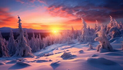 Majestic winter landscape, colorful sky glowing by sunlight