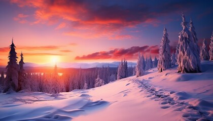 Majestic winter landscape, colorful sky glowing by sunlight