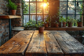 Warm sunlight filters through a window, illuminating a rustic wooden table in a room full of potted plants