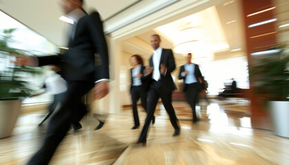 hurrying business people in an office building, motion blur effect