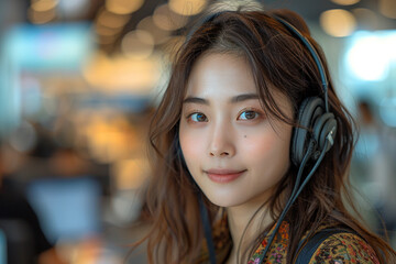 Portrait of thai adult beautiful girl listen music in coffee shop
