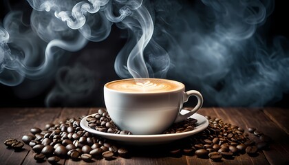 Generative AI. A cup of coffee on a table. The cup is white and has a saucer. There are coffee beans on the table. The background is a dark brown. There is a fire flame on the background. - obrazy, fototapety, plakaty