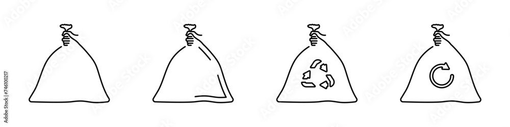 Poster hand throws out garbage vector. garbage bag in hand set of linear icons. garbage bag with recycling 