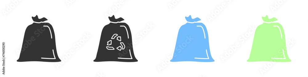 Poster garbage bag. garbage bag hand set of linear icons. garbage bag with recycling sign. garbage recyclin