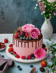 Obraz na płótnie Canvas Berry cake - chocolate glaze - delicious cake - any occasion cake - decorative cake