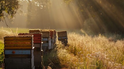 At the edge of a sun-drenched field, a cluster of beehives hums with activity, their industrious inhabitants vital to the pollination of nearby crops. - obrazy, fototapety, plakaty