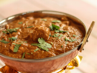 CHICKEN TANDOORI KORMA MASALA served in karahi isolated on table closeup top view of indian spices food