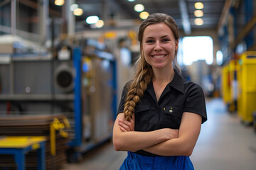Portrait of a smiling young woman in a factory. Industrial background