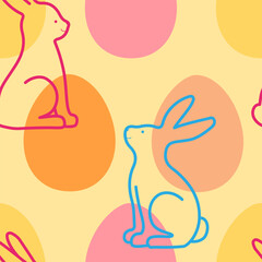 Bright seamless pattern with eggs and rabbits for Easter. Vector illustration.