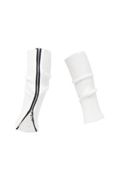 Subject shot of white ribbed leg warmers with a zipper. Leg warmers are isolated on the white background. Front view.