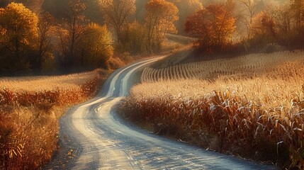 A quaint country road winds its way through fields of golden corn, the promise of a bountiful harvest evident in the swaying stalks. - obrazy, fototapety, plakaty