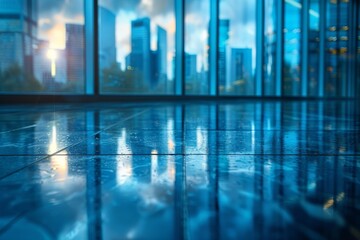 Shiny tiled floor reflecting city skyline with skyscrapers during a vibrant sunset