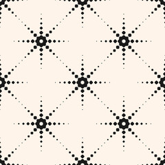 Vector black and white geometric seamless pattern. Stylish texture with halftone dots, floral silhouettes, star burst. Simple minimal monochrome background. Repeated geo design for decor, print, cover
