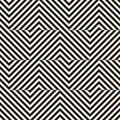Optical illusion ornament. Vector black and white geometric pattern. Abstract seamless striped background. Simple geometrical texture with chevron, broken lines. Modern monochrome repeated geo design