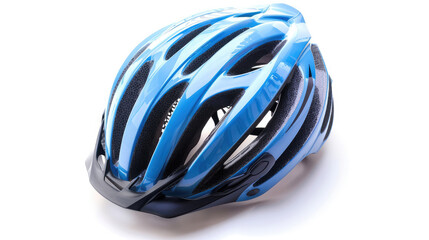 A modern blue and black cycling helmet isolated on a white background.