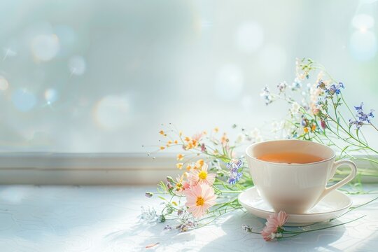 Flowers and a Tea Cup Greeting Card, Morning Flower Background, Hot Drink Cup Banner