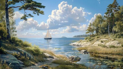 A serene coastal inlet, with calm waters stretching out to the horizon and a lone sailboat drifting lazily on the breeze. - obrazy, fototapety, plakaty
