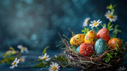 Fototapeta na wymiar Easter decoration colorful eggs on dark background with copy space. Beautiful colorful easter eggs. Happy Easter. 