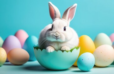 Easter banner with cute Easter bunny hatching from pastel color Easter egg on pastel color background. Illustration of Easter rabbit sitting in cracked eggshell. Happy Easter greeting card.Copy space.