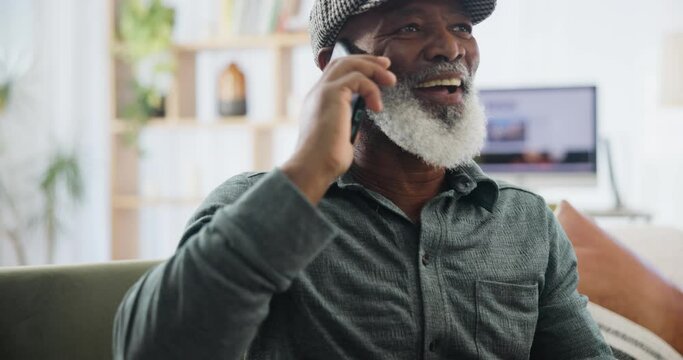 Senior man, phone call and celebration for win or information at home, excited and fist for competition success. Black elderly person, communication and networking for lottery prize or giveaway