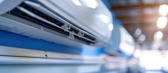 This close-up view shows an air conditioner installed in a building. The unit appears to be in good condition, with no visible signs of damage or wear. The image highlights the importance of regular - obrazy, fototapety, plakaty