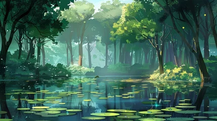 Foto auf Acrylglas A serene forest pond surrounded by towering trees, with lily pads floating on the surface and the occasional frog leaping into the water. © Ishtiaaq