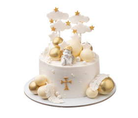 Decorative delicious baby baptism cake in the form of praying angel golden balloons and clouds. On...
