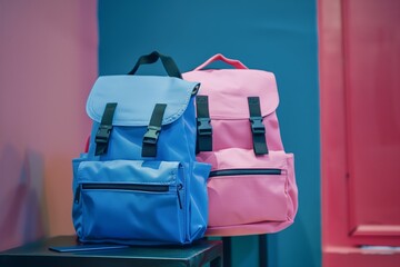 Blue and pink briefcases against a blue-pink room. Backpack, school briefcase, bagbook. Generated by artificial intelligence.