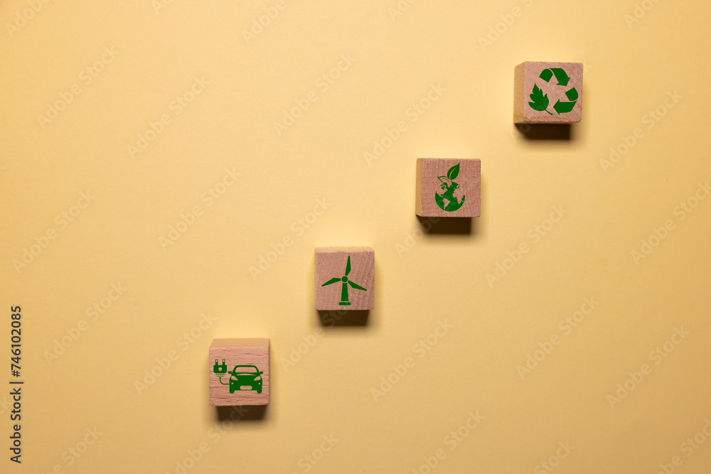 Wall mural Carbon credit concept. Tradable certificate to drive industry and company in the direction of low emissions in efficiency cost. Wooden cubes with CO2, US dollars and carbon offsetting solution icons. - Wall murals