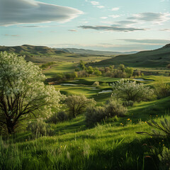Serene Spring Golf Course Landscape at Sunset