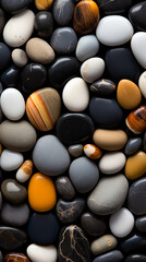 a close up of some black and white pebbles, in the style of dark navy and light amber, enchanting realms, light amber and bronze сreated with Generative Ai