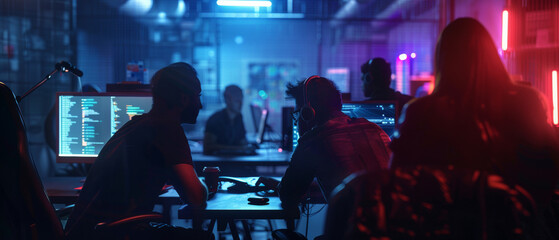 Cyber hackers in a neon-lit room plan their next digital heist. - obrazy, fototapety, plakaty