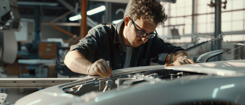 Mechanic intently working on the engine of a classic car in a sunlit workshop.