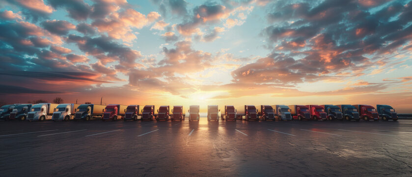 Dramatic sunset sky above a fleet of parked semi-trucks lined up on an open lot.