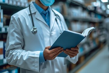 A focused healthcare professional reading a medical book in a well-stocked pharmacy