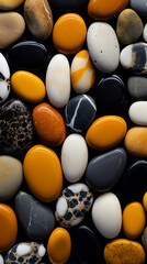 a close up of some black and white pebbles, in the style of dark navy and light amber, enchanting realms, light amber and bronze сreated with Generative Ai