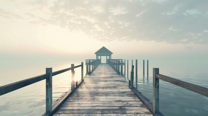 A tranquil fishing pier stretching out into calm waters, promising a catch of memories. - obrazy, fototapety, plakaty