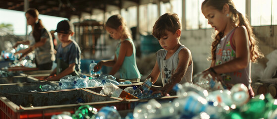Children participating in an eco-friendly project, sorting plastics for recycling. - obrazy, fototapety, plakaty