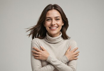 Elegant Woman in Turtleneck with Joyful Expression and Copyspace