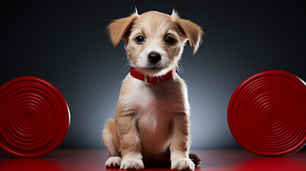 Obedient puppy sitting on a dark background with red tones and wearing a collar